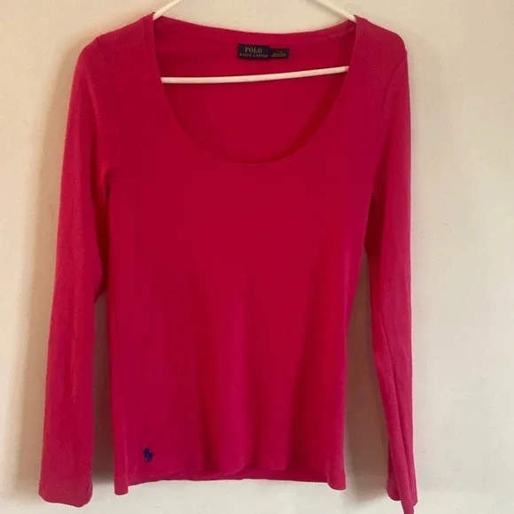 Polo Scoop Neck Long Sleeve Shirt Sz L Bright Pink 100% Cotton - Picture 1 of 7